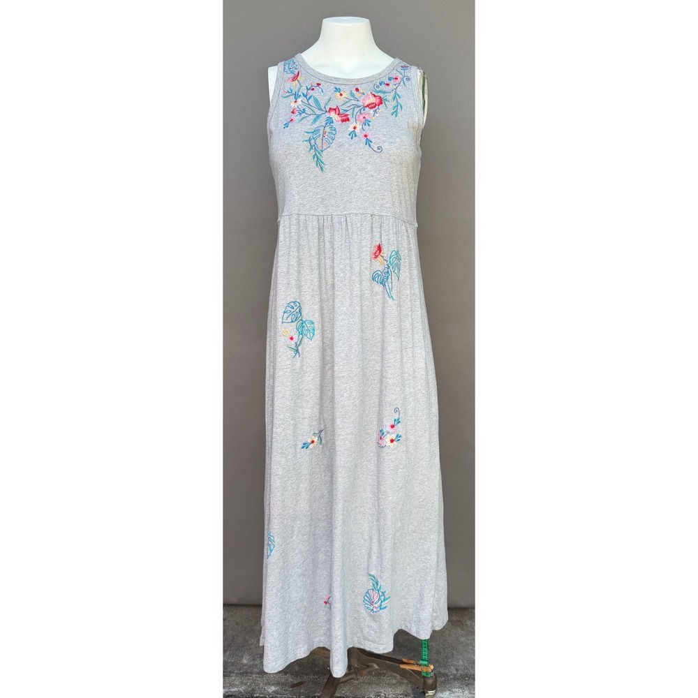 Caite Grey Floral Embroidered Maxi Dress Small Sleeveless Boho Cottagecore